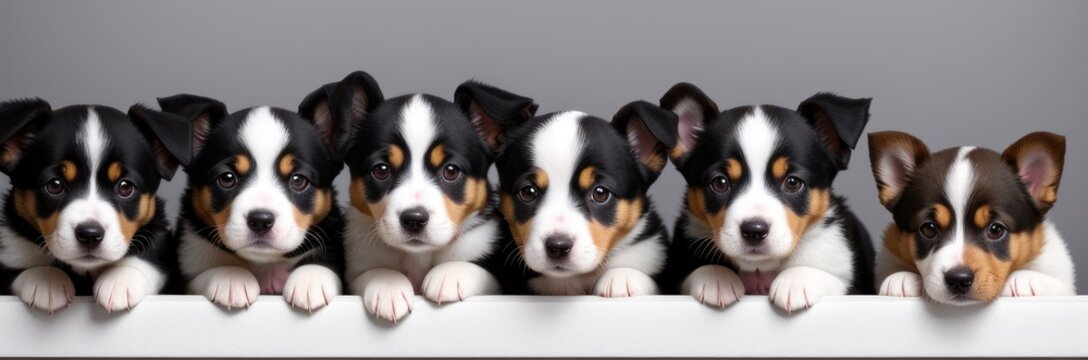 Puppies posing intdoor. Cute dog breeds sitting in line. Grey light wall on background. Small breeds. Banner