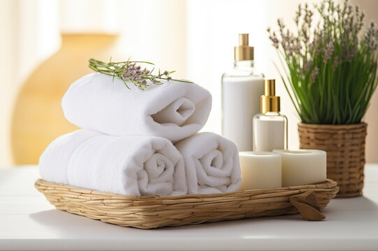 Tranquil Spa Ambiance Towels, Herbal Bags, and Beauty Treatments in a Serene White Room. created with Generative AI