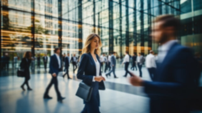Corporate Ambiance Blurred Business People in a White Glass Office Background. created with Generative AI