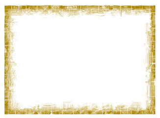 Grunge style golden frames overlay on transparent background. Royalty high-quality free stock image of yellow grunge texture border frame. Dirty, damaged backdrop. Design for poster, card, book cover