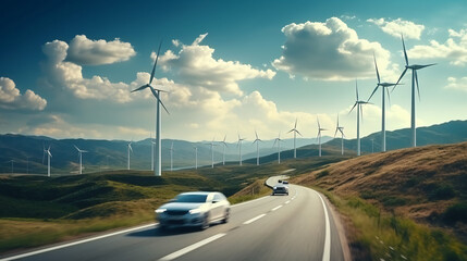 Fototapeta Car drives along a mountain road against the backdrop of wind turbines. Alternative energy for the car. An electric car against the backdrop of wind turbine farms obraz