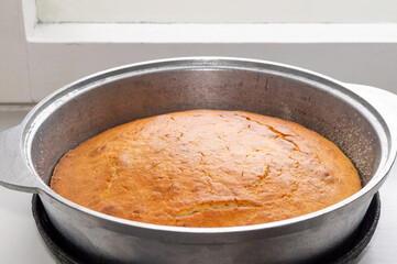 Pie in a round metal baking dish