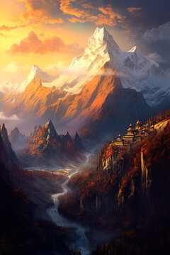 Mountain peaks in sunset clouds. Generative AI © Oleksandr