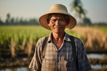 Portrait of a Fictional Traditional Asian Rice Farmer Working in his Farm and Smiling. Generative AI.