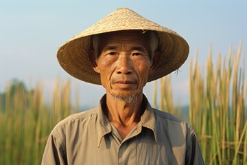 Fototapeta premium Portrait of a Fictional Traditional Asian Rice Farmer Working in his Farm and Smiling. Generative AI.