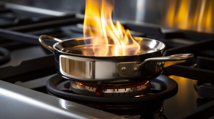 A saucepan rests on a stovetop, flames dancing beneath it, reminiscent of a chip pan fire..