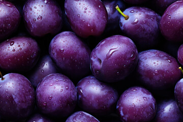 Close up of fresh juicy plums, top view, seamless pattern. Generative Ai