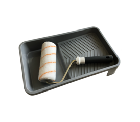 Paint roller in empty tray working tools isolated with clipping path object for making repair works