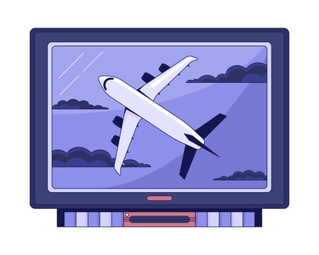 FIlm on tv flat line color isolated vector object. Flying plane on display. Editable clip art image on white background. Simple outline cartoon spot illustration for web design