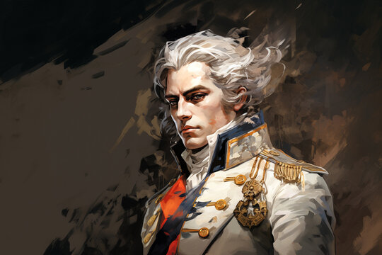 Graphic novel illustration of French nobility during the French revolution. Paris riots and burning in the background.