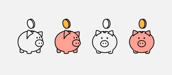 Set of pink piggy banks, linear icon, coin logo. Concept of saving and saving money, banking and financial system. Vector illustration