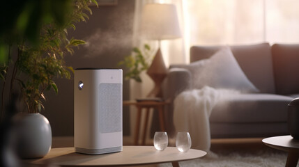 Air purifier a living room, air cleaner removing fine dust in house. protect PM 2. 5 dust and air pollution concept