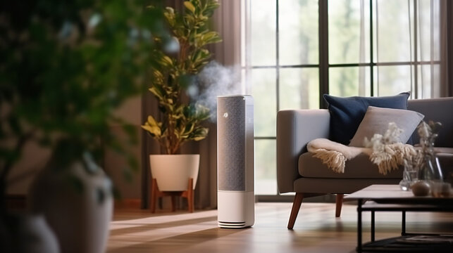 Air purifier a living room, air cleaner removing fine dust in house. protect PM 2. 5 dust and air pollution concept