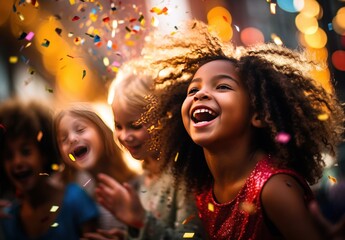 Obraz premium Kids blowing confetti from hands. Friends celebrating outdoors in evening at a terrace.