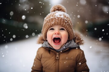 Cute child with happy face wearing a warm hat and warm jacket surrounded with snowflakes. Winter holidays concept.