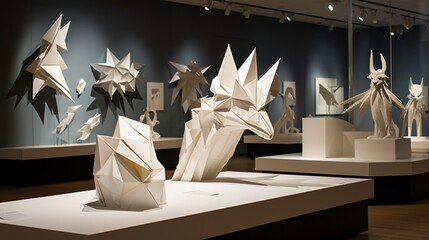 Fototapeta na wymiar Origami Exhibit , A gallery featuring intricate paper sculptures, from miniature animals to grand geometric installations