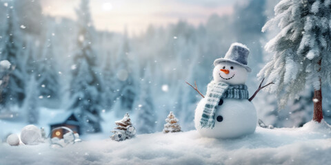 Fototapeta premium Happy snowman standing in christmas landscape.Snow background.Winter fairytale.generative ai