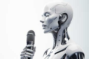 Shiny White Robot Singing into a Microphone on a White Background