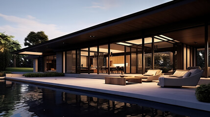 Serene Escape Modern Dark Villa with Open Plan Living, Private Chair Wing, and Relaxing Terrace for Tranquil Relaxation. created with Generative AI