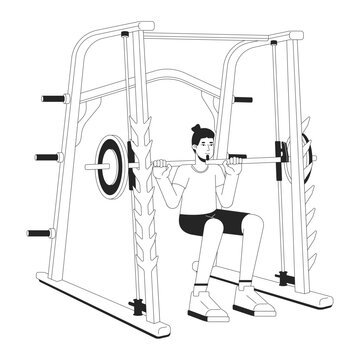 recommend clip art: Man doing squats in power rack flat line black white vector character. Editable outline full body person. Gym guy. Heavyweight movement simple cartoon isolated spot illustration for web design