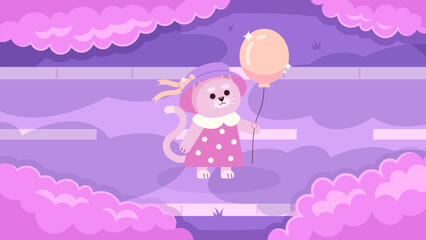 Kawaii cat with balloon watching clouds cute chill lo fi wallpaper. Cloud gazing kitten in dress 2D vector cartoon character illustration, lofi anime background. 90s kawaii aesthetic, dreamy vibes