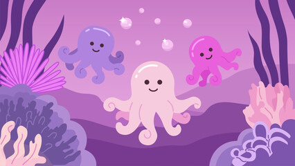 Octopuses underwater bubbles cute chill lo fi wallpaper. Marine life deep sea. Chibi creatures 2D vector cartoon characters illustration, lofi anime background. 90s kawaii aesthetic, dreamy vibes