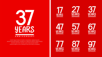 set of anniversary logo flat white color number on red background for celebration