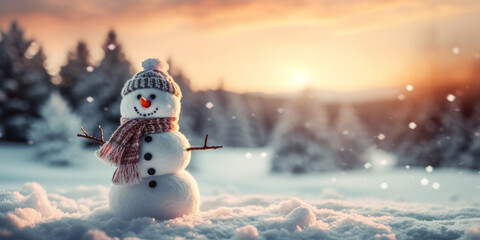 Happy snowman standing in christmas landscape.Snow background.Winter fairytale. - obrazy, fototapety, plakaty