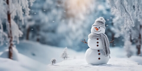 Happy snowman standing in christmas landscape.Snow background.Winter fairytale.