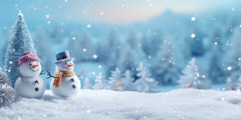 Obraz premium Happy snowman standing in christmas landscape.Snow background.Winter fairytale.