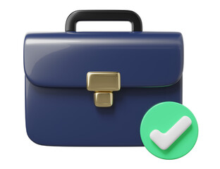3D Black briefcase with golden lock, check mark floating isolated on transparent. Job search, through employment, get hired concept. Cartoon icon smooth illustration. 3d rendering Illustration.