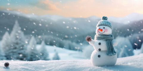 Happy snowman standing in christmas landscape.Snow background.Winter fairytale. - obrazy, fototapety, plakaty