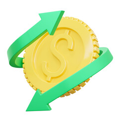 3D Cashback and refund icon. Arrow with gold coin floating isolated. Transfer currency exchange round arrow. Return of Investment. Saving money and business concept. 3d rendering Illustration.