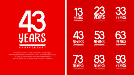 set of anniversary logo flat white color number on red background for celebration