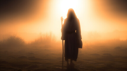 Jesus Christ as the Good Shepherd, Silhouetted in the Misty Morning Light