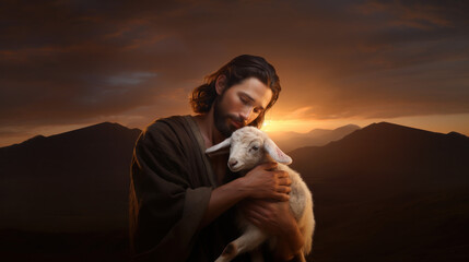 Jesus The Shepherd Carrying the Lamb in Heavenly Sunset Light 