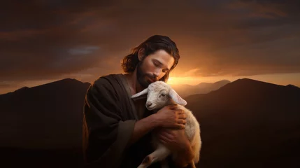 Fotobehang Jesus The Shepherd Carrying the Lamb in Heavenly Sunset Light  © Bo Dean