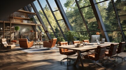 Naklejka premium Modern office space with comfortable wooden chairs