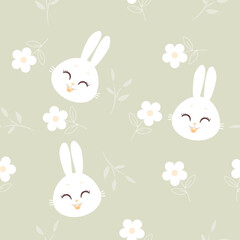 Seamless pattern with cute rabbit cartoon Flowers and branches on green background illustration.