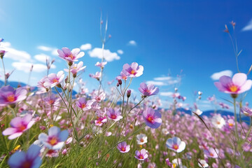 Obraz premium Blossoming Beauty Vibrant Spring Flowers in a Field Underneath a Clear Blue Sky with Soft Focus. created with Generative AI