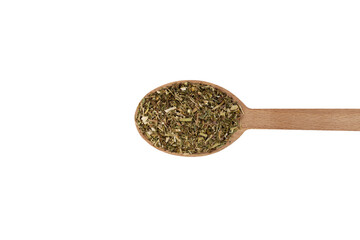 Dry Tansy Herb in latin Tanacetum vulgare on wooden spoon isolated on white background.  Herbs. Alternative medicine.