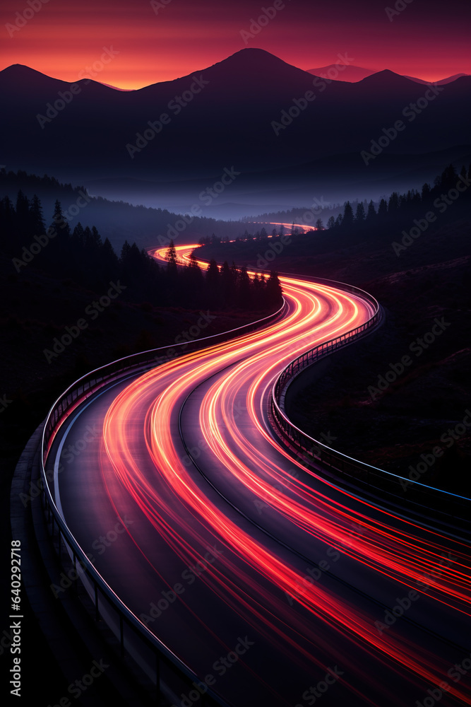 Wall mural Car light trails in road at night, Generative Ai illustration