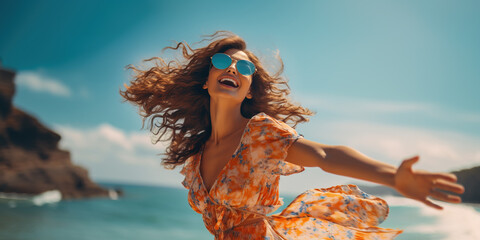 Happy woman in summer dress dancing on the beach , Generative Ai illustration