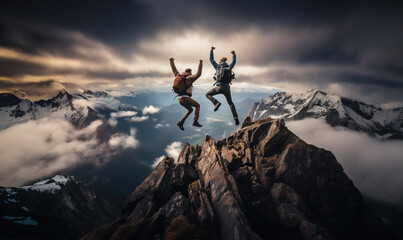Two hikers jumping high up in the air on mountain top, Generative AI illustration