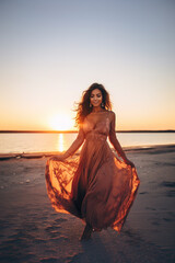 Fototapeta na wymiar Smiling Beautiful woman in full body in long dress walking on beach at sunset, Generative AI illustration