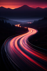 Car light trails in road at night, Generative Ai illustration