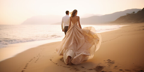 Fototapeta na wymiar Wide shot image of newly weds walking on beach, Generative Ai illustration