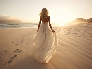 Fototapeta na wymiar Behind view of bride in white dress walking on beach , Generative Ai illustration