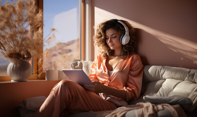 Obraz premium Young woman sitting in bed and listening to music while looking at her tablet, Generative AI Illustration