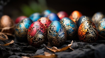 hand-painted easter eggs dry on a cloth on the table. preparation for the bright holiday of Easter. 